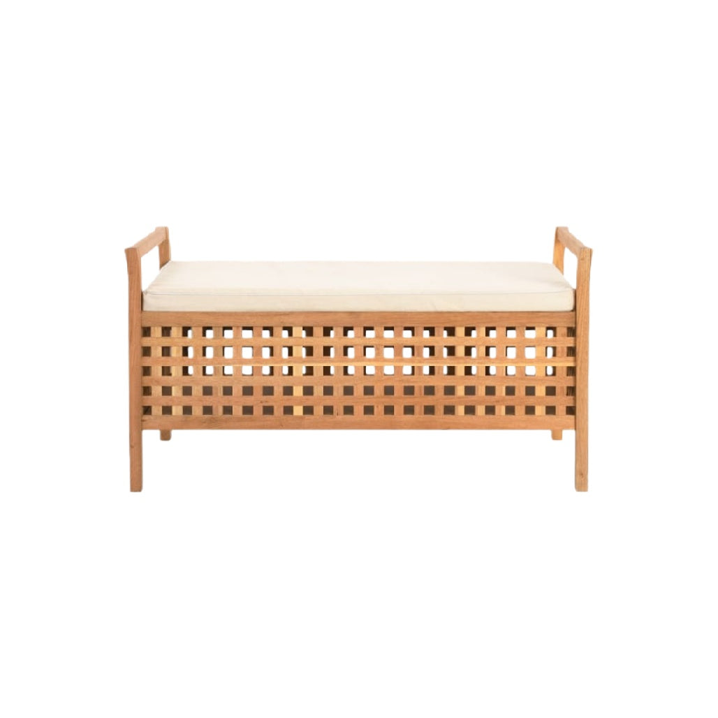 Banc en bois avec coussin, couleur beige, design en osier.