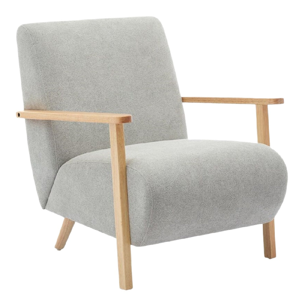 Fauteuil scandinave en tissu gris avec accoudoirs en bois naturel