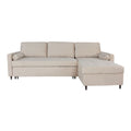 Canapé d'angle contemporain en tissu beige avec repose-tête intégré.