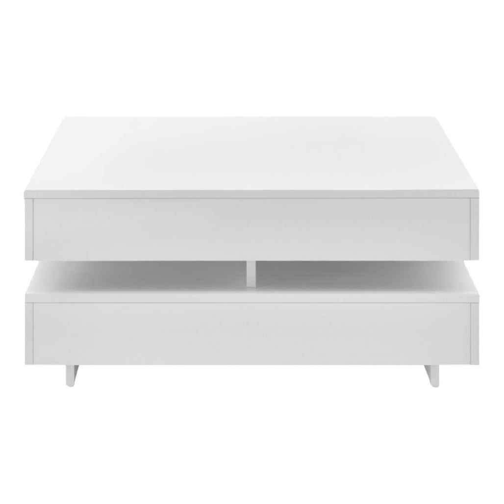 Table basse moderne blanche avec rangement intégré.