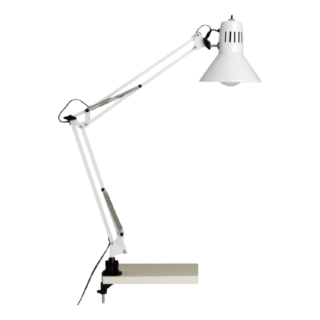 Lampe de bureau ajustable blanche avec bras extensible et base stable.
