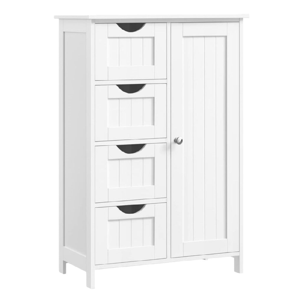 Meuble de rangement en bois blanc avec 4 tiroirs et une porte.
