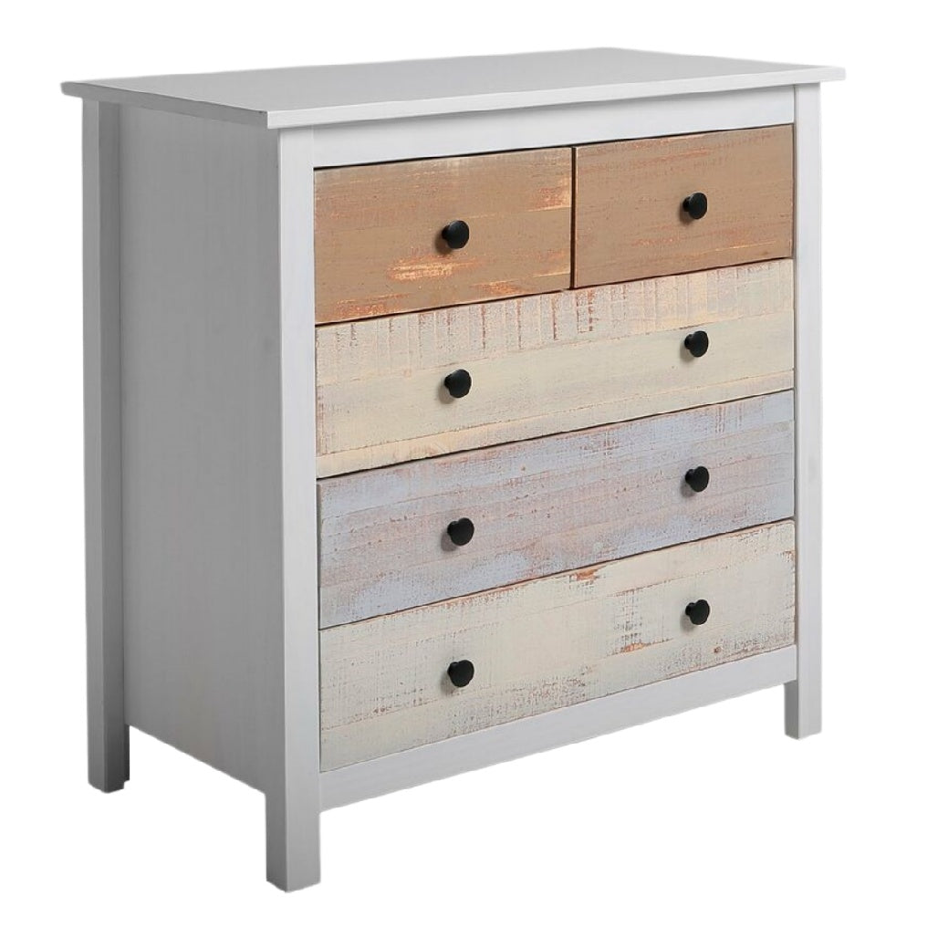 Commode en bois blanc avec tiroirs multicolores en tons pastel.