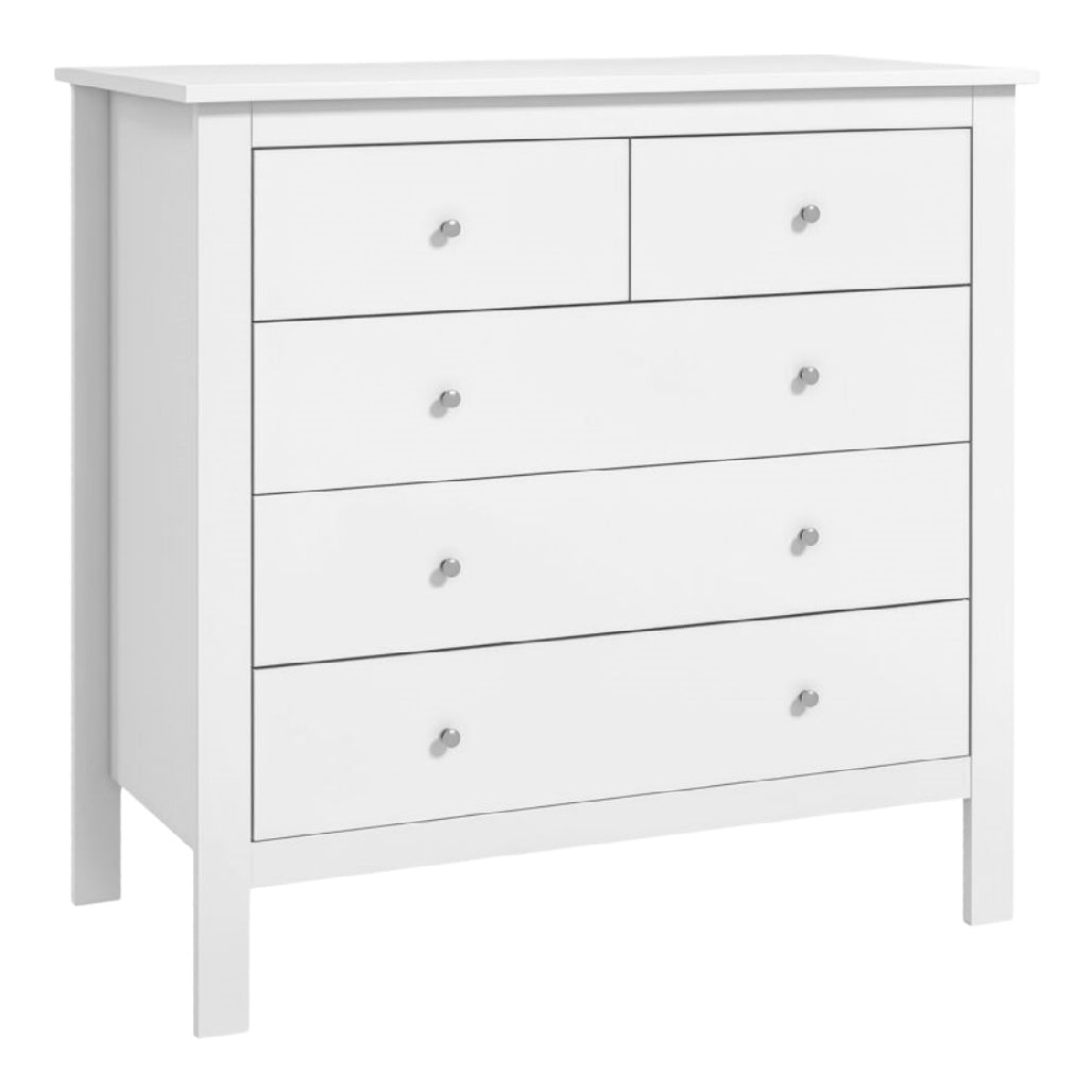 Commode blanche à tiroirs avec finition moderne et épurée.