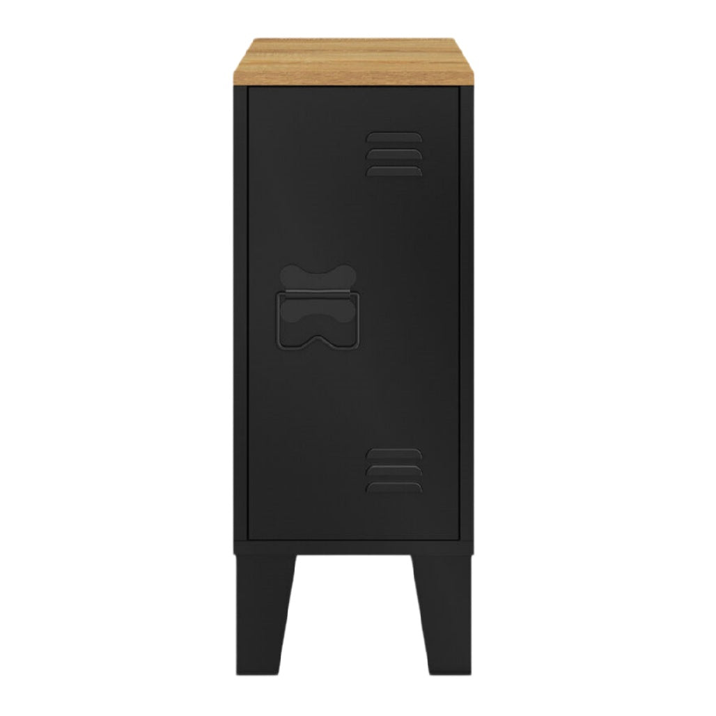 Armoire de rangement noire avec dessus en bois naturel