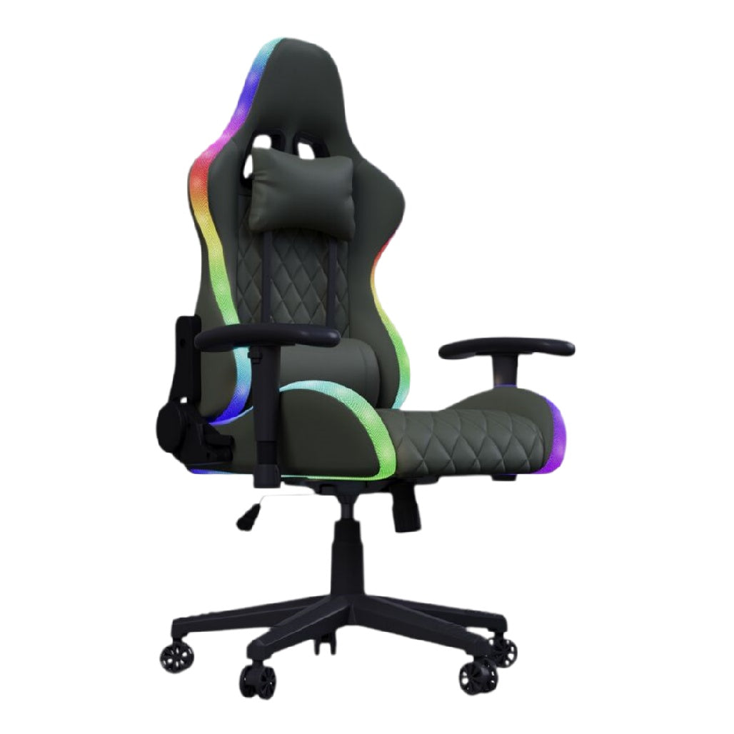 Chaise de gamer ergonomique avec éclairage RGB multicolore et design en cuir rembourré.